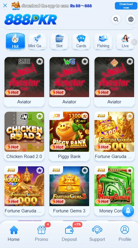 888PKR Game Main Lobby Interface
