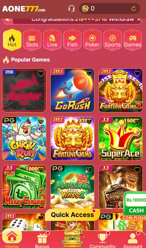 Aone777 Game APK Main Interface