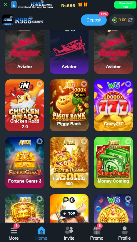 R988 Game APK Dashboard Interface